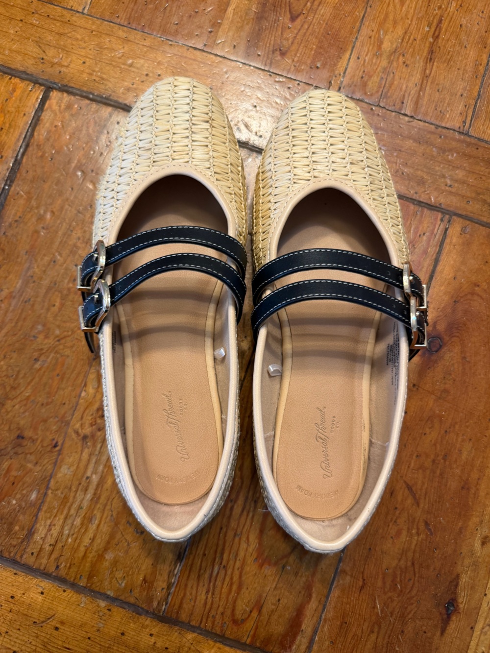 Universal Thread Beige Woven Flats with Black Double-Strap Buckles